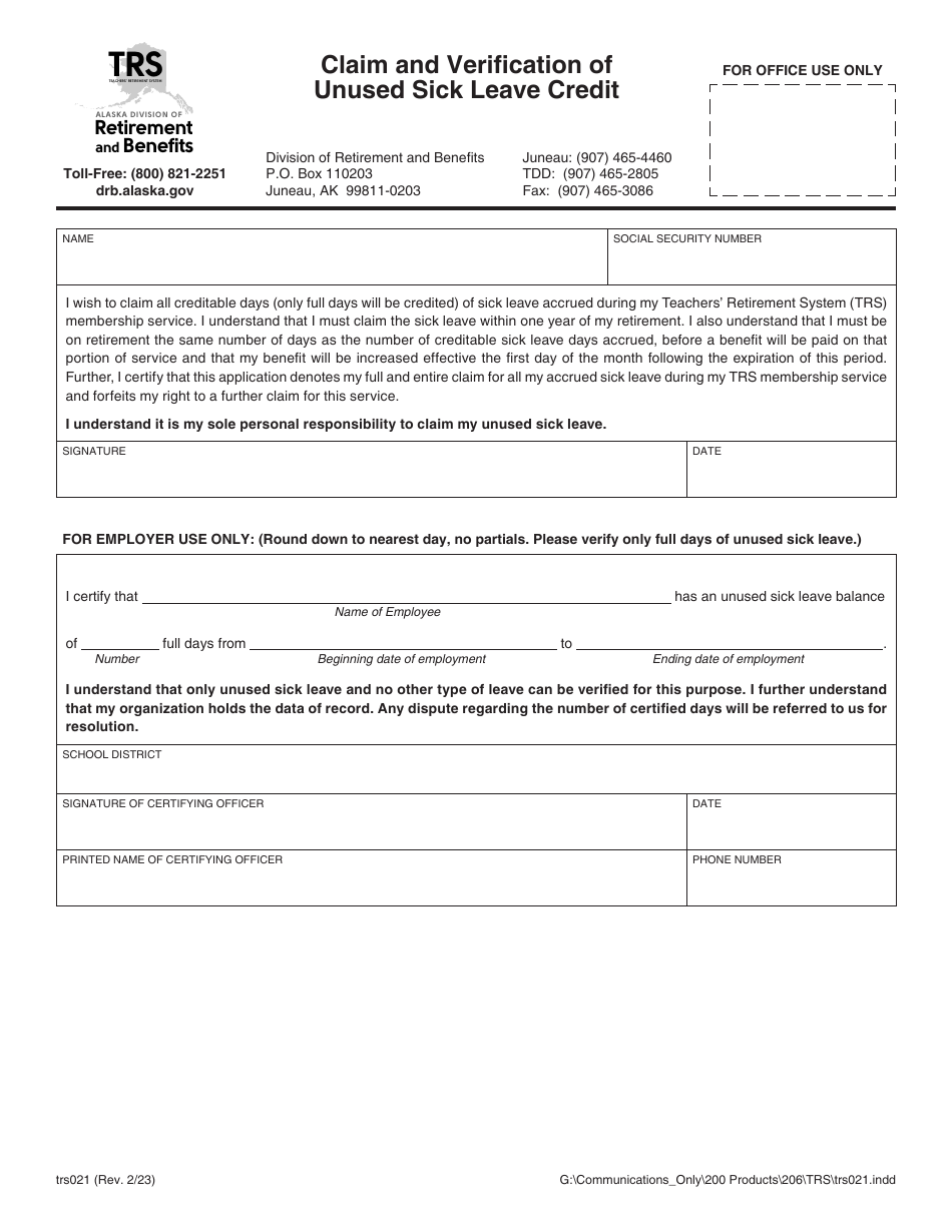 Form TRS021 Claim and Verification of Unused Sick Leave Credit - Alaska, Page 1
