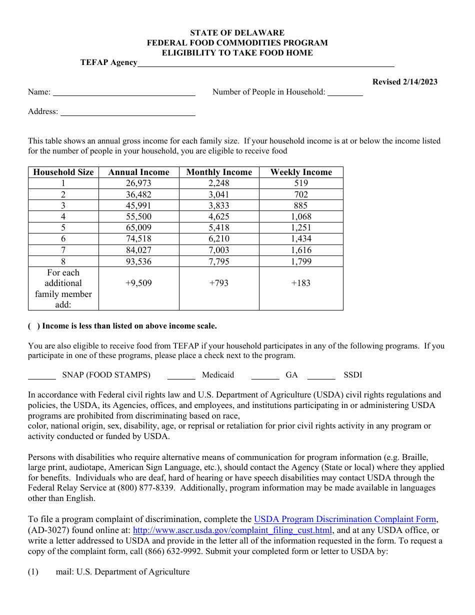 Eligibility to Take Food Home - Federal Food Commodities Program - Delaware, Page 1
