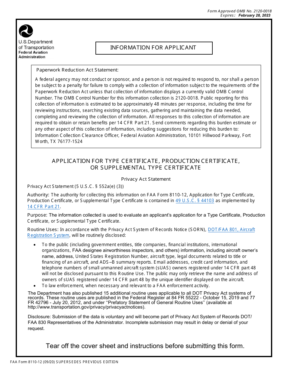 FAA Form 8110-12 Application for Type Certificate, Production Certificate, or Supplemental Type Certificate, Page 1