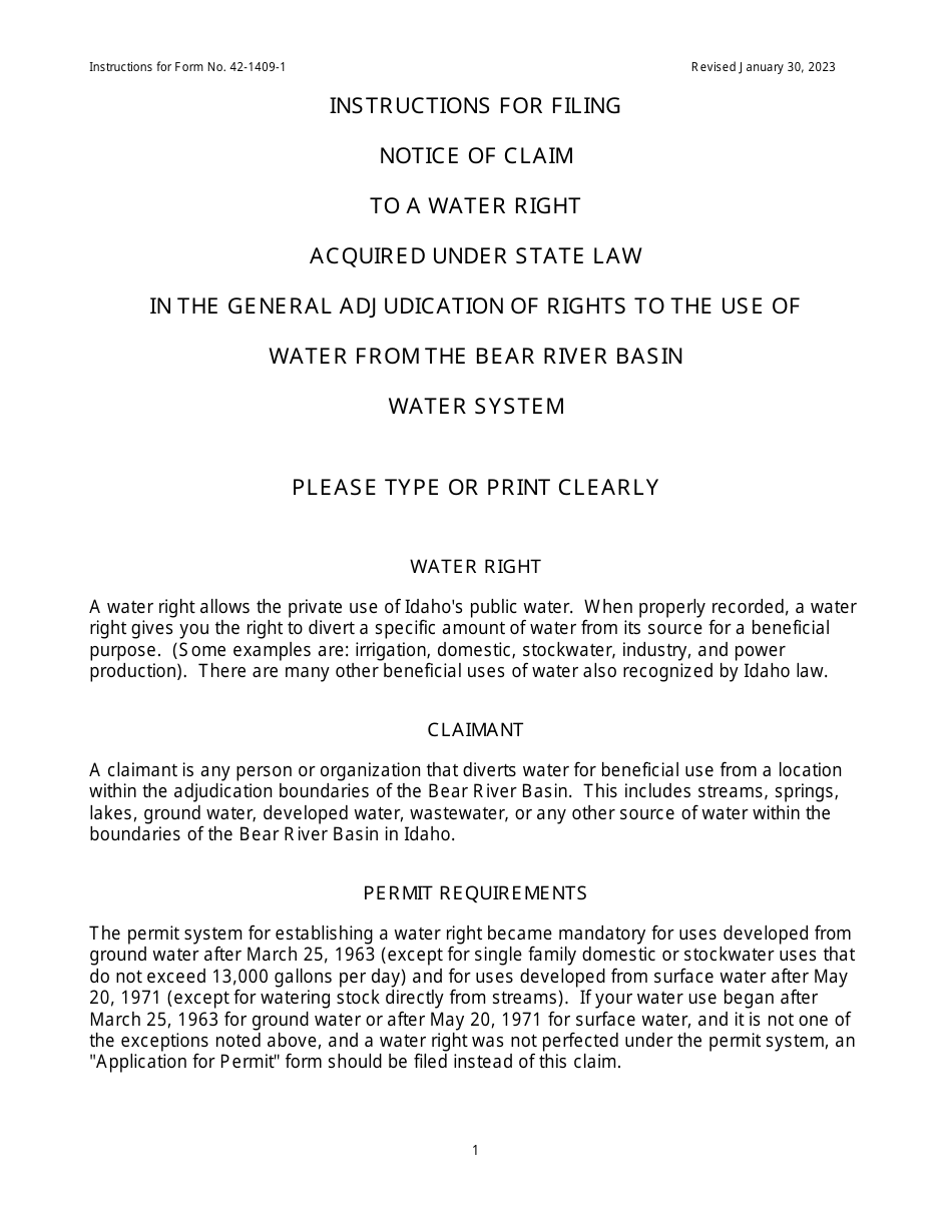 Instructions for Form 42-1409-1 Notice of Claim to a Water Right Acquired Under State Law - Bear River Basin Adjudication (Brba) - Idaho, Page 1