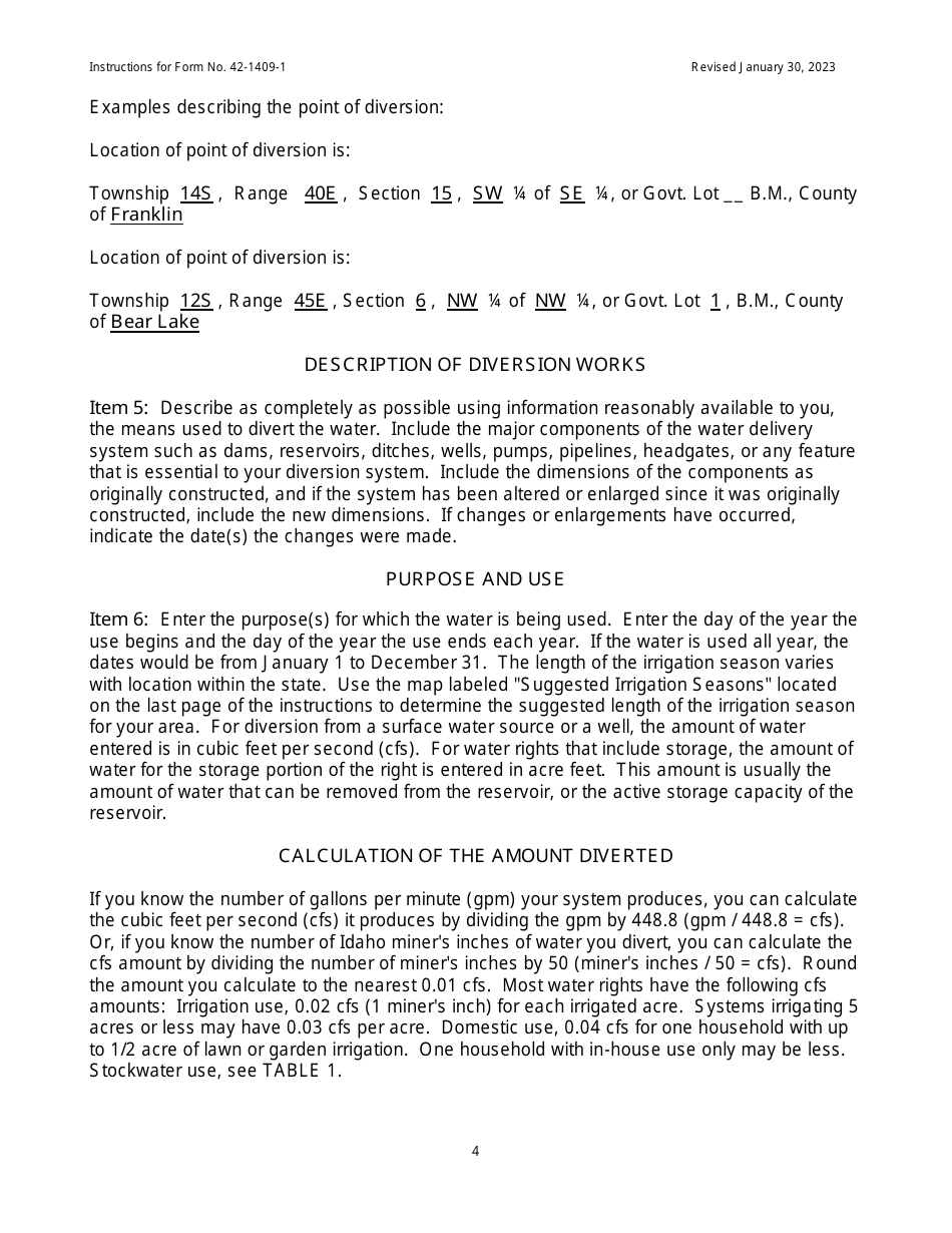 Instructions for Form 42-1409-1 Notice of Claim to a Water Right Acquired Under State Law - Bear River Basin Adjudication (Brba) - Idaho, Page 4