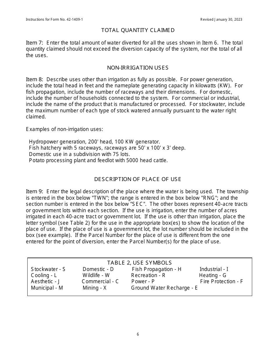 Instructions for Form 42-1409-1 Notice of Claim to a Water Right Acquired Under State Law - Bear River Basin Adjudication (Brba) - Idaho, Page 6