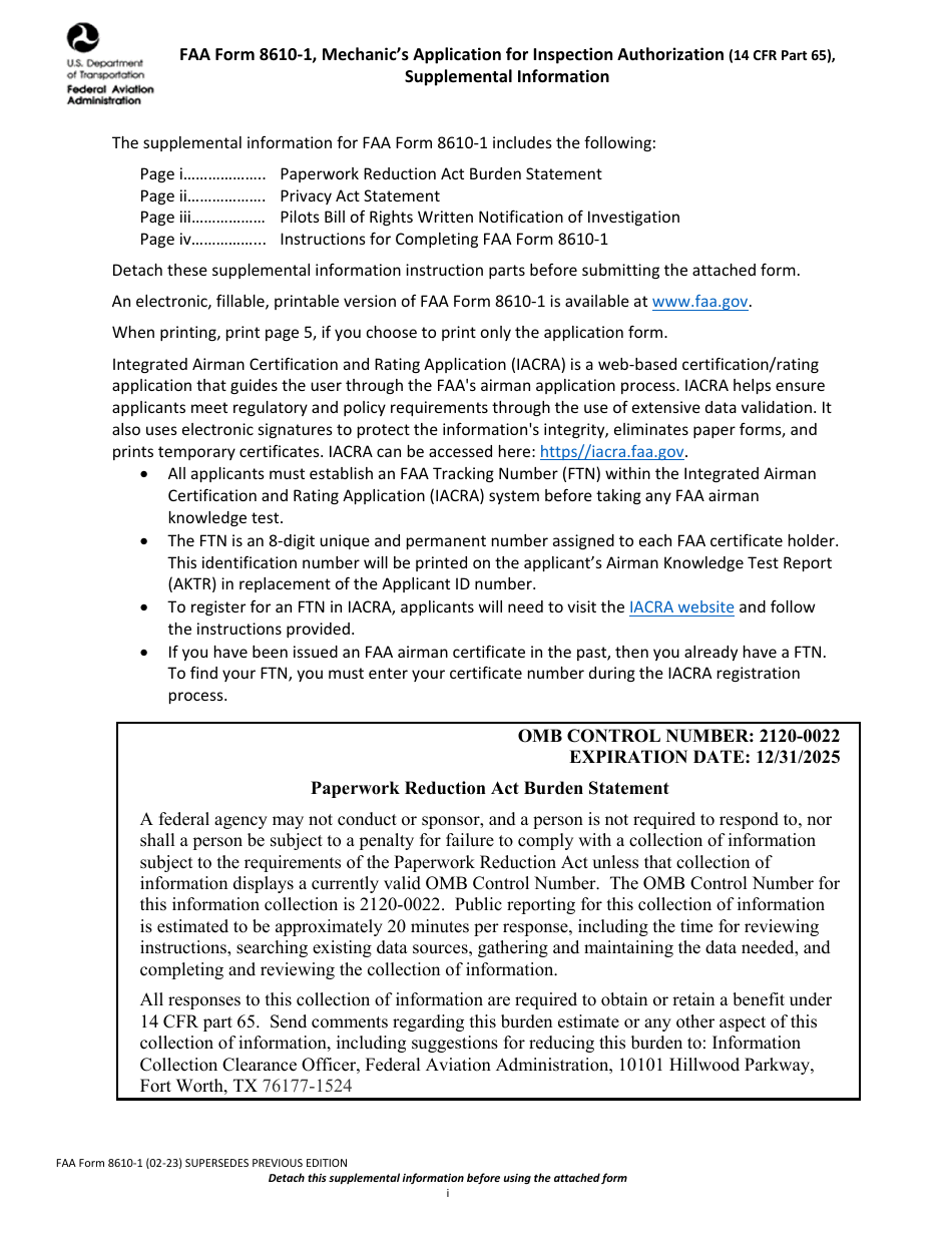 FAA Form 8610-1 Mechanics Application for Inspection Authorization (14 Cfr Part 65), Page 1