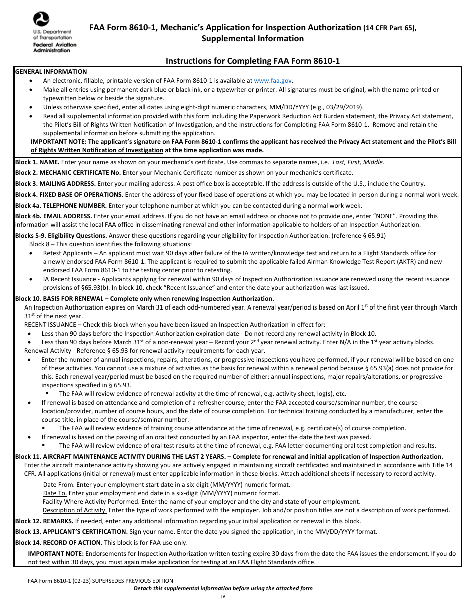 FAA Form 8610-1 Mechanics Application for Inspection Authorization (14 Cfr Part 65), Page 4