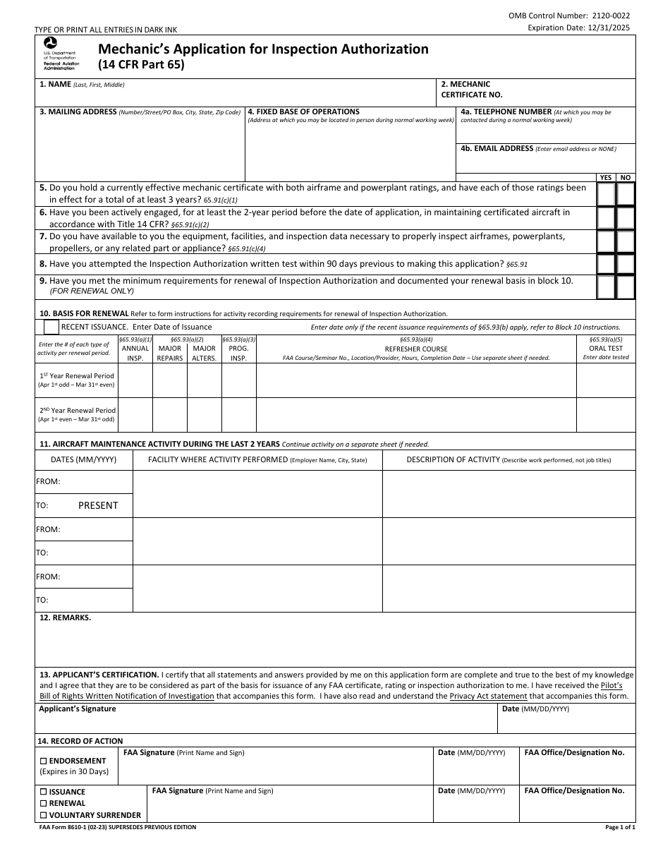 FAA Form 8610-1 Download Fillable PDF or Fill Online Mechanic's ...