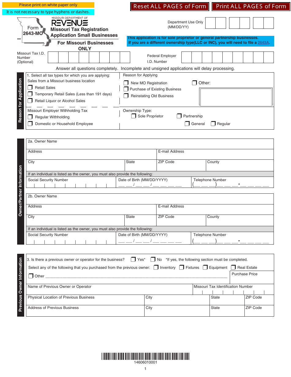 Form 2643-MO Missouri Tax Registration Application Small Businesses - Missouri, Page 2