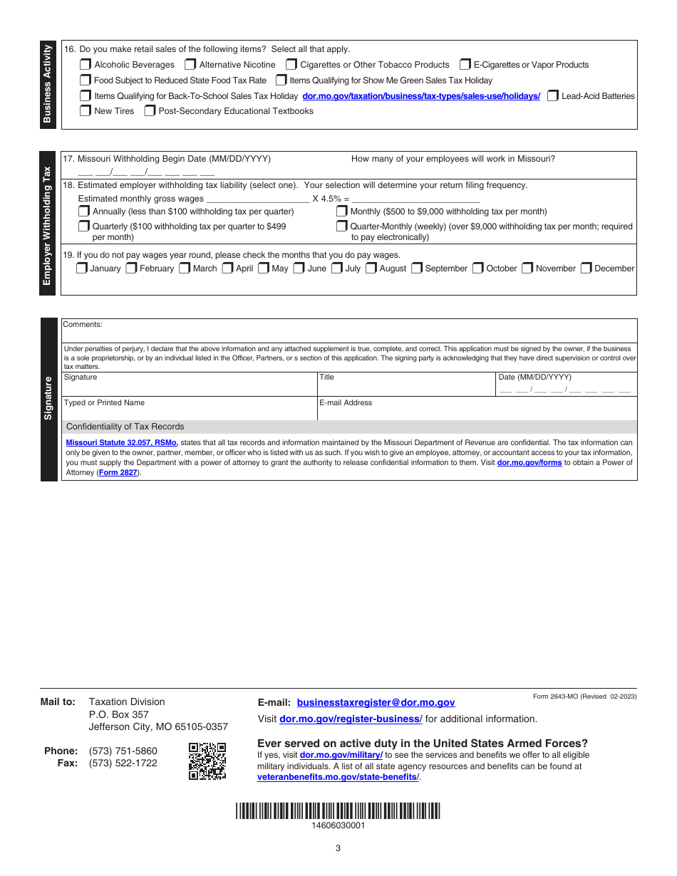 Form 2643-MO Missouri Tax Registration Application Small Businesses - Missouri, Page 4