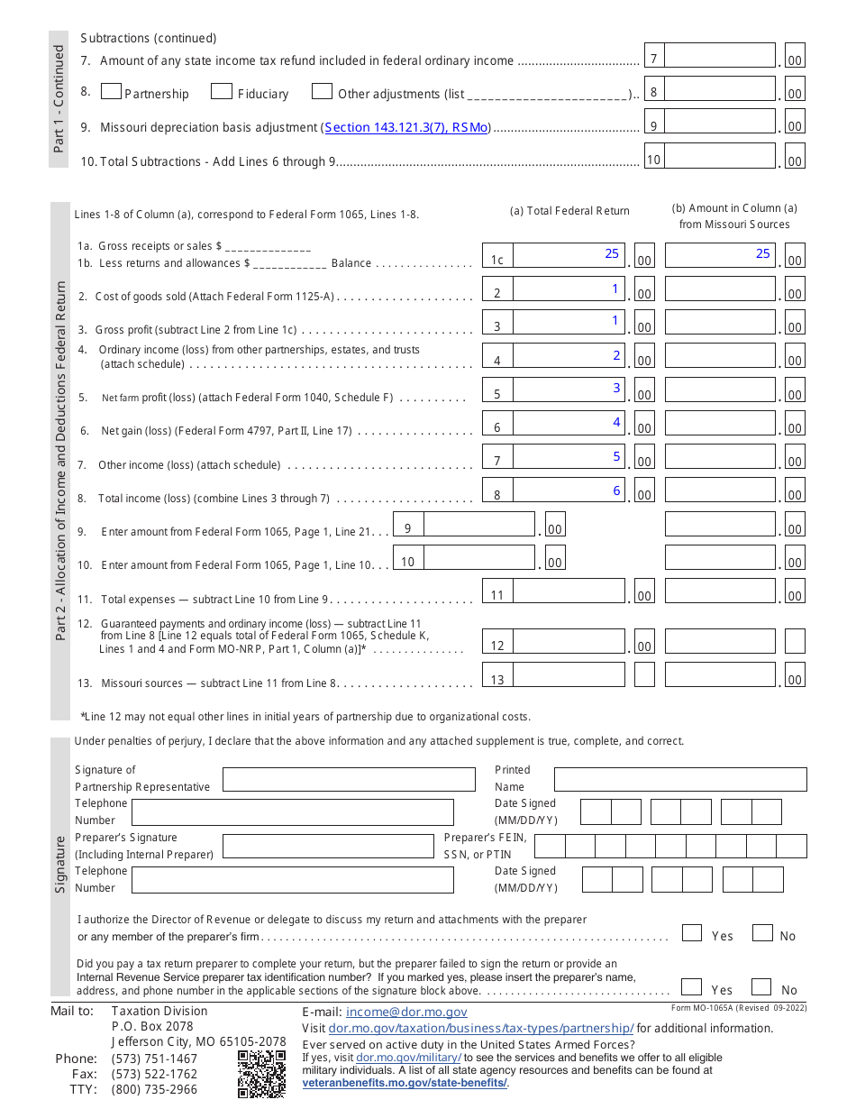 Form MO-1065A AUDIT Amended Partnership Return of Income (From Federal Audit) - Missouri, Page 2