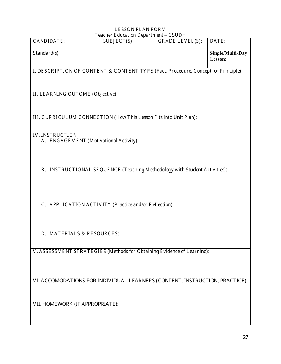 Lesson Plan Form - Csudh, Page 1