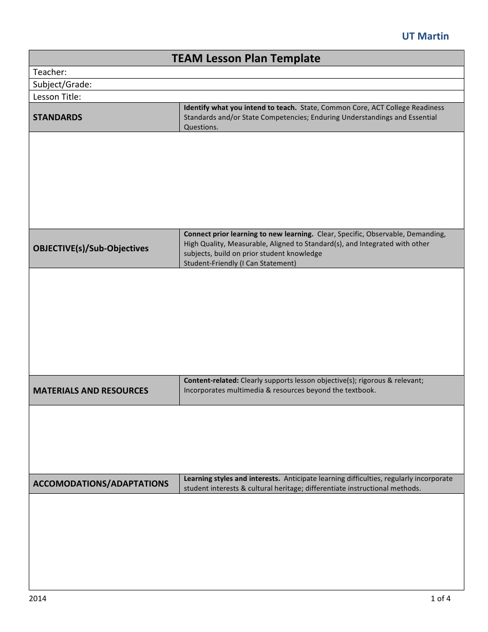 Team Lesson Plan Template Ut Martin Download Printable PDF