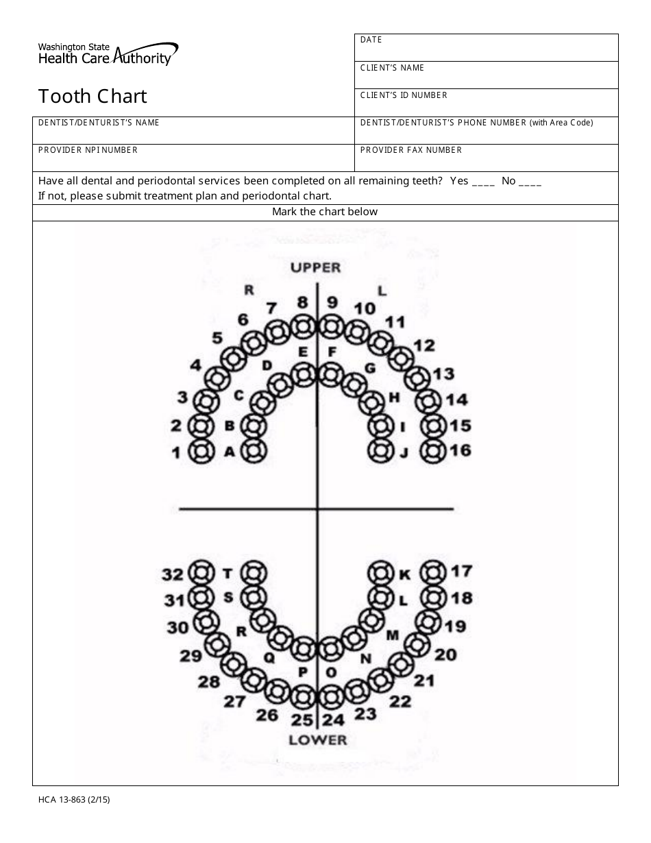 Form HCA13-863 Tooth Chart Form - Washington, Page 1