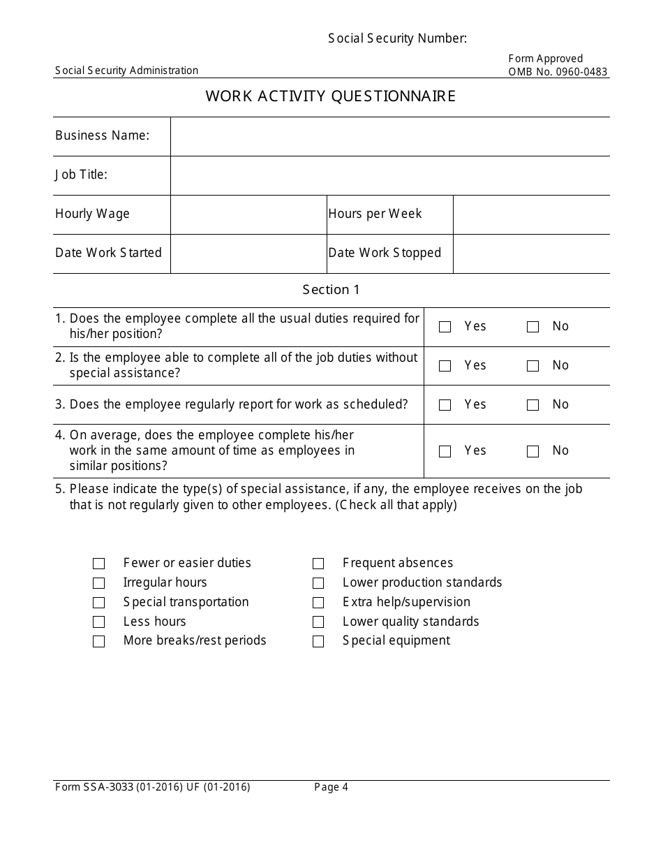 Form SSA-3033 Employee Work Activity Questionnaire, Page 5