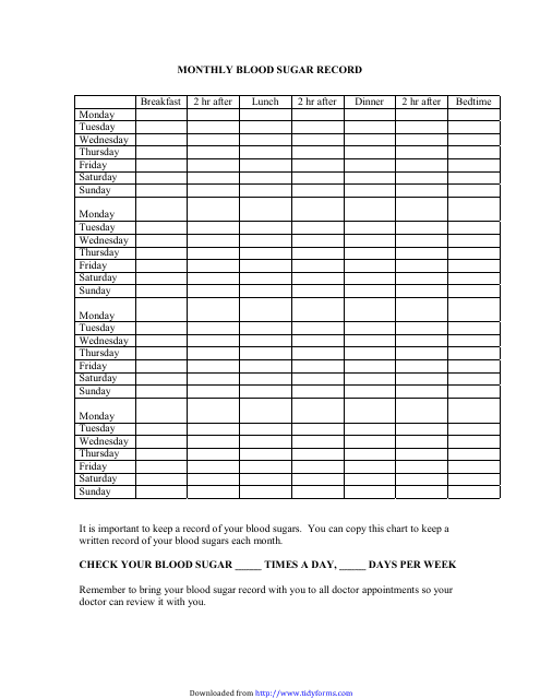 Monthly Blood Sugar Record Template - Sample Preview