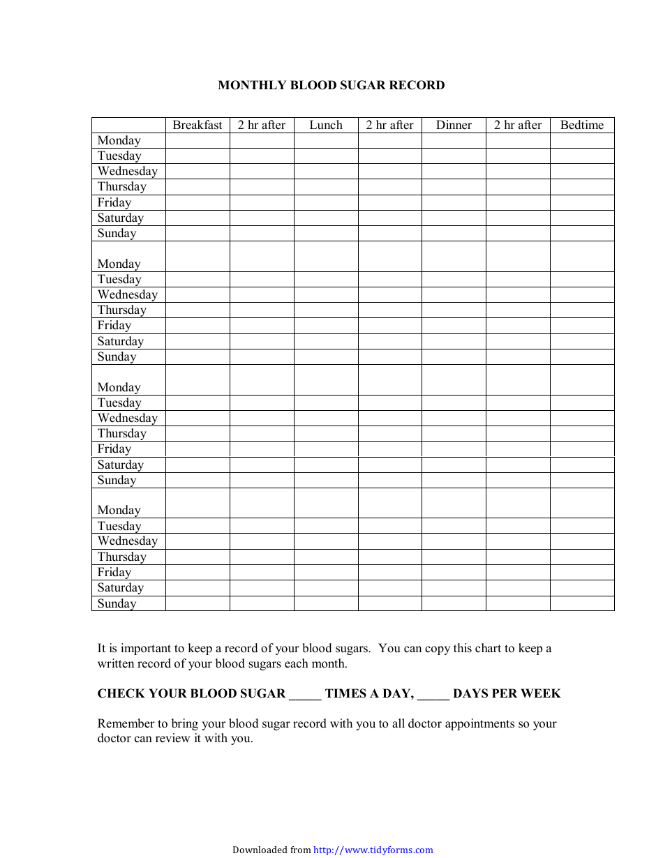 Monthly Blood Sugar Record Template - Sample Preview