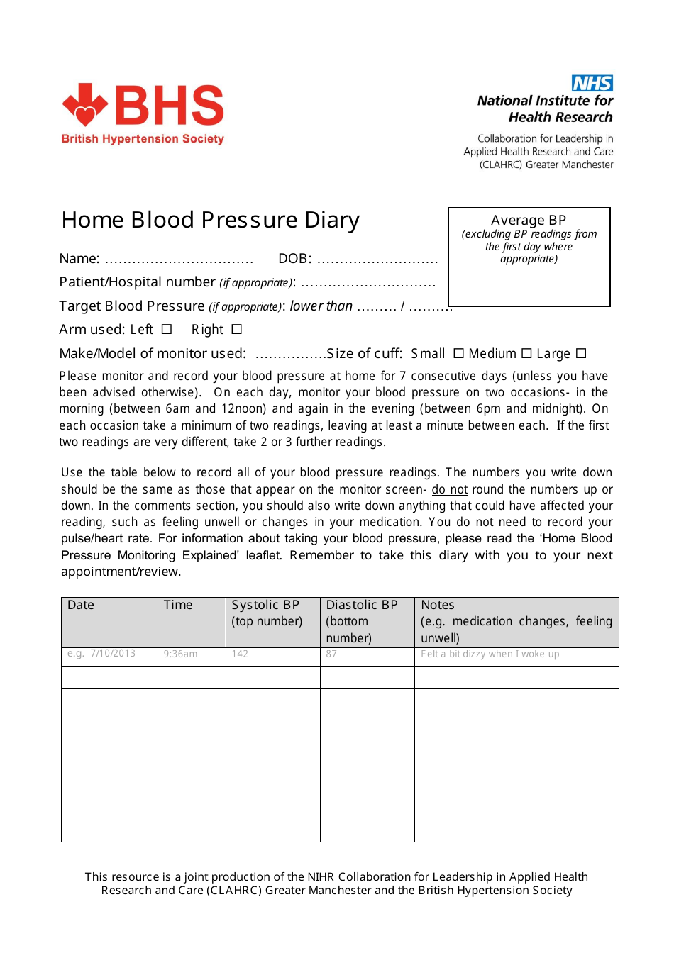 United Kingdom Home Blood Pressure Diary British Hypertension Society Fill Out Sign Online