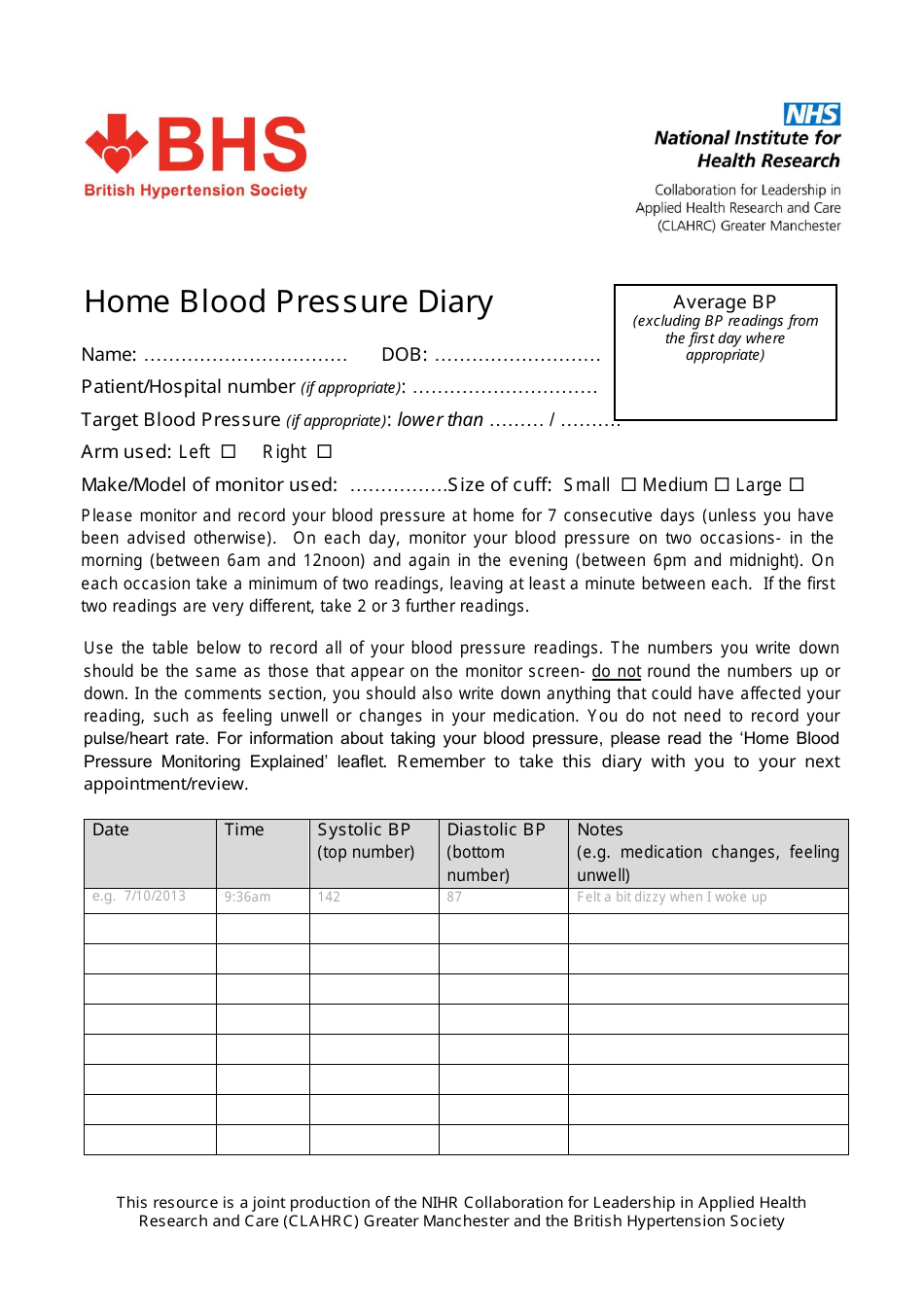 Home Blood Pressure Diary - British Hypertension Society - United Kingdom, Page 1