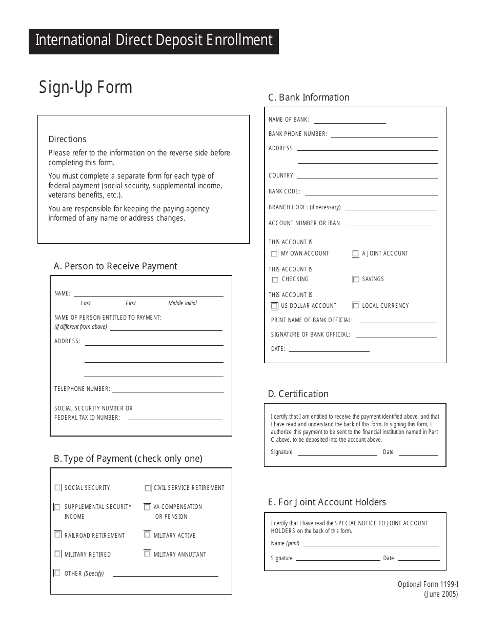 Optional Form 1199-I International Direct Deposit Enrollment Sign-Up Form, Page 1