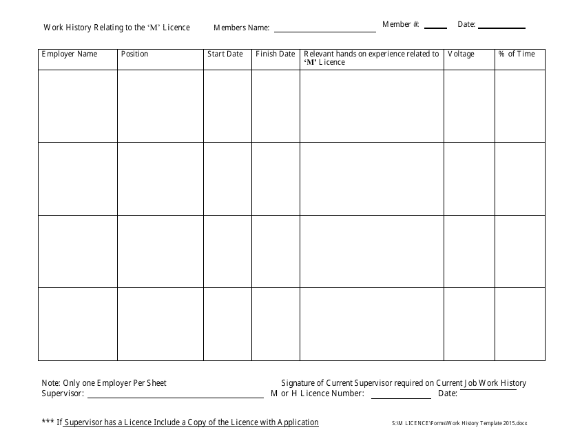 &quot;Work History Template&quot; Download Pdf