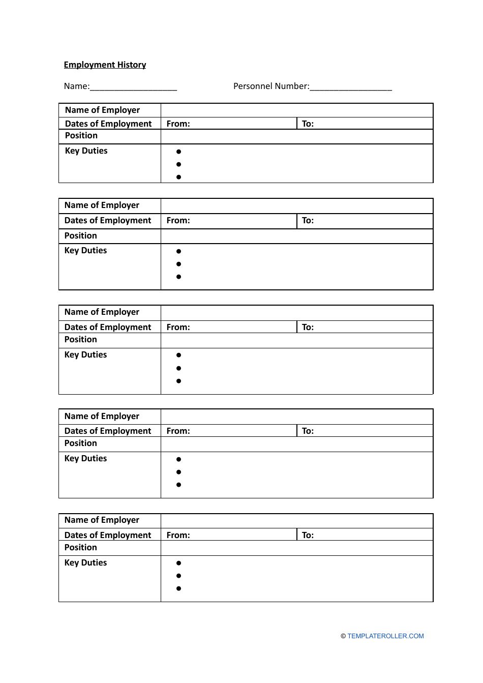Employment History Template - Fillable and Printable