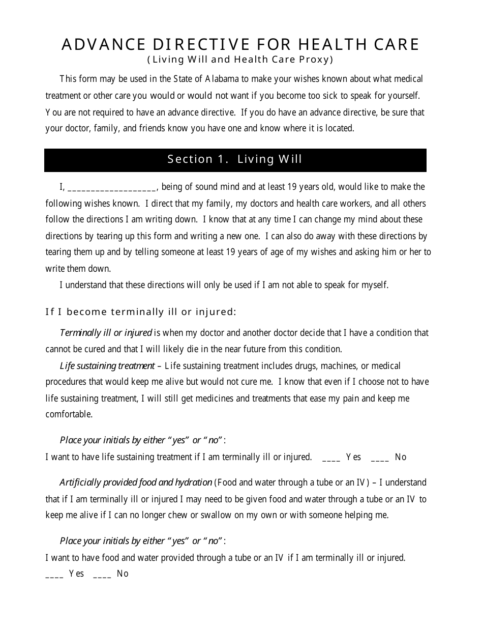 Advance Directive for Health Care (Living Will and Health Care Proxy) - Alabama, Page 1