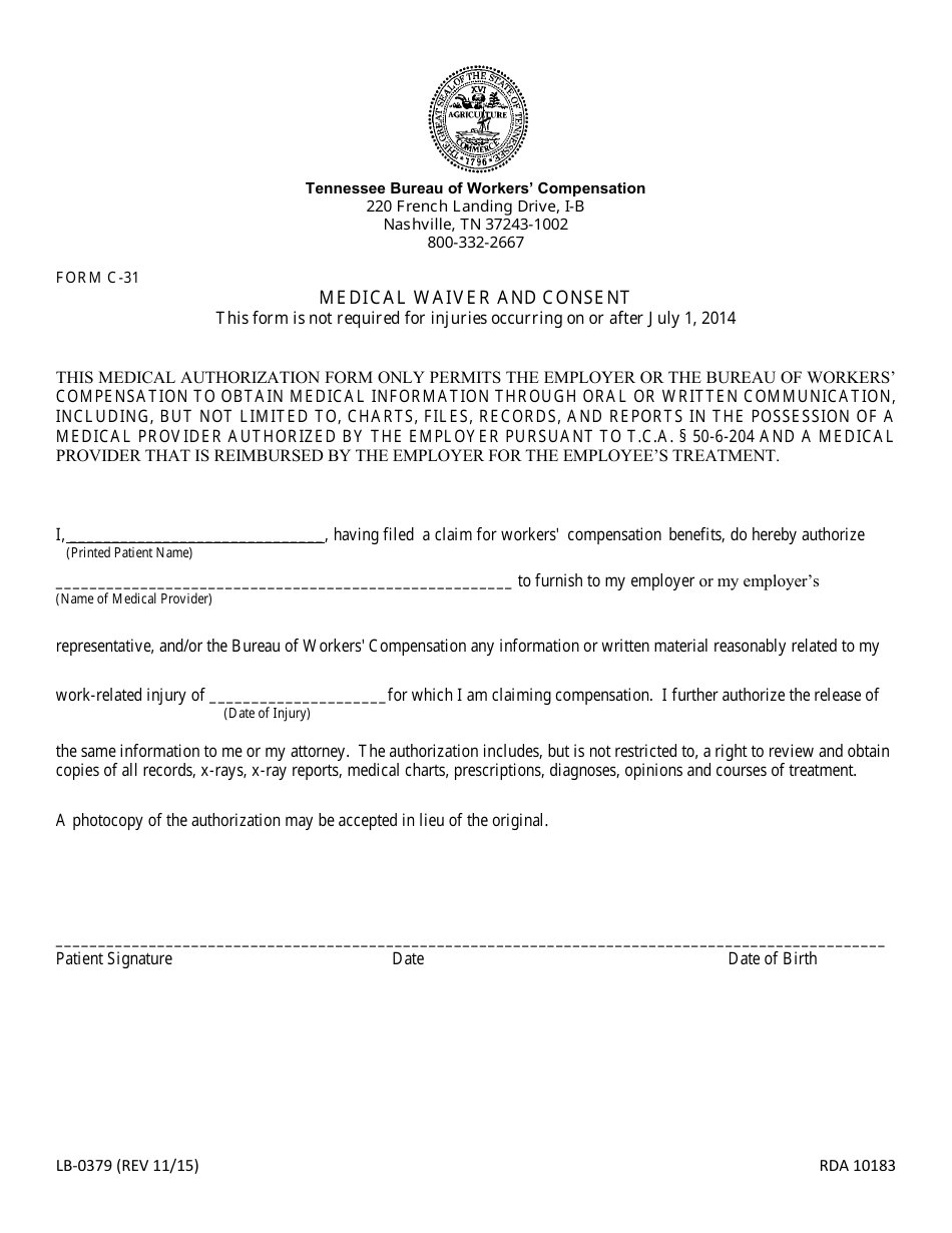 Form LB-0379 (C-31) Medical Waiver and Consent - Tennessee, Page 1