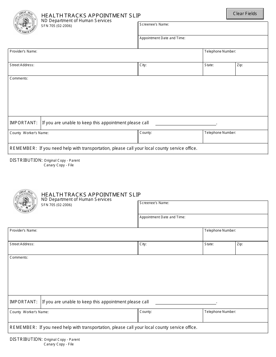 Form SFN705 Health Tracks Appointment Slip - North Dakota, Page 1