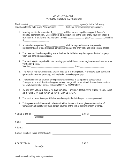 &quot;Month-To-Month Parking Rental Agreement Template&quot; Download Pdf