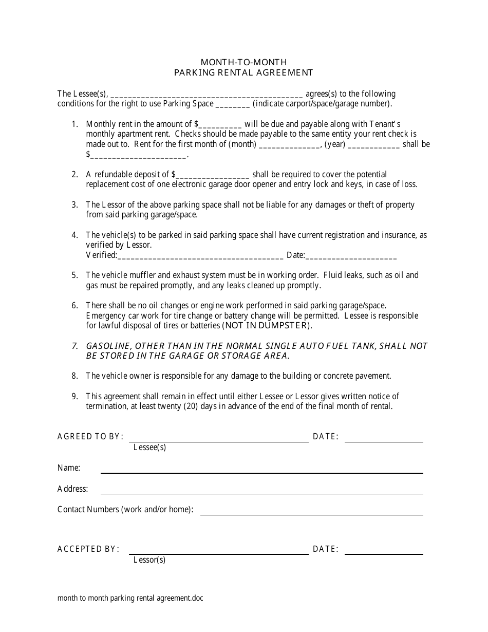 Month To Month Parking Rental Agreement Template Download Printable Pdf Templateroller