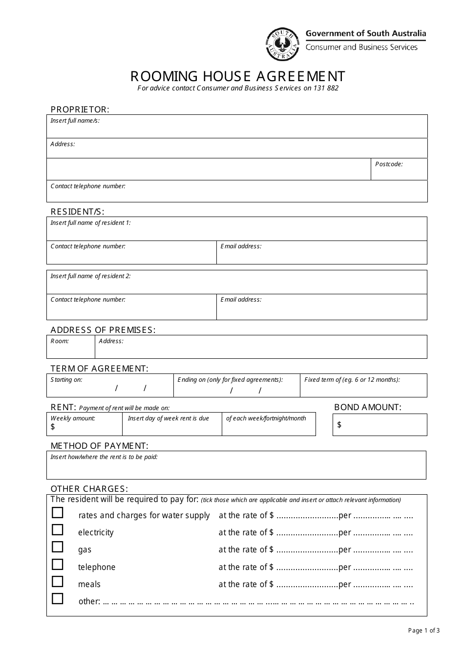 Rooming House Agreement Form - South Australia, Australia, Page 1