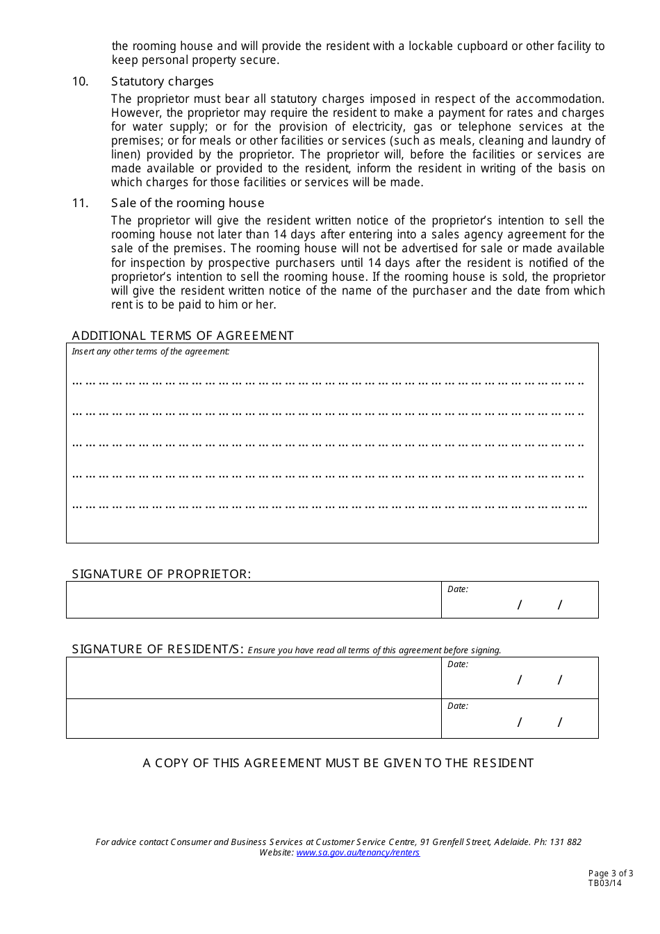 Rooming House Agreement Form - South Australia, Australia, Page 3