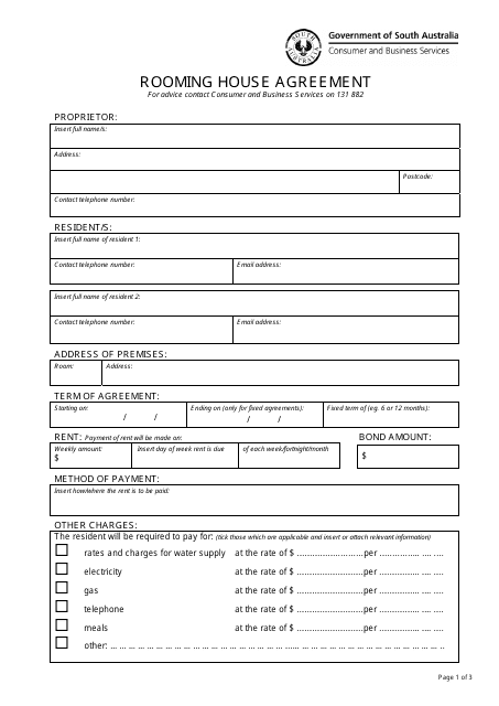 Rooming House Agreement Form - South Australia, Australia Download Pdf