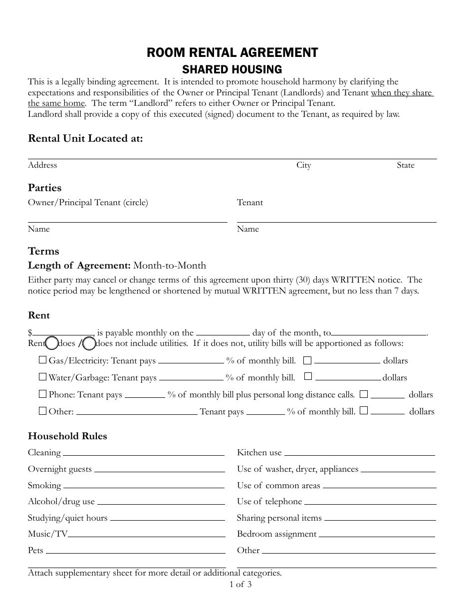 Room Rental Agreement Form - Shared Housing - County of Santa Cruz, California, Page 1