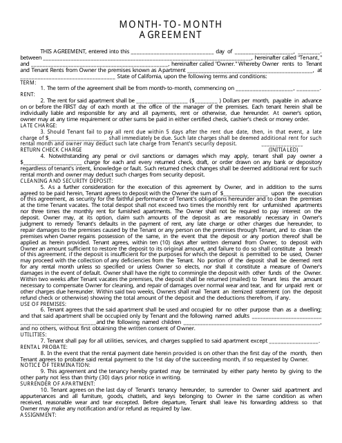 &quot;Month-To-Month Agreement Form&quot; - California Download Pdf
