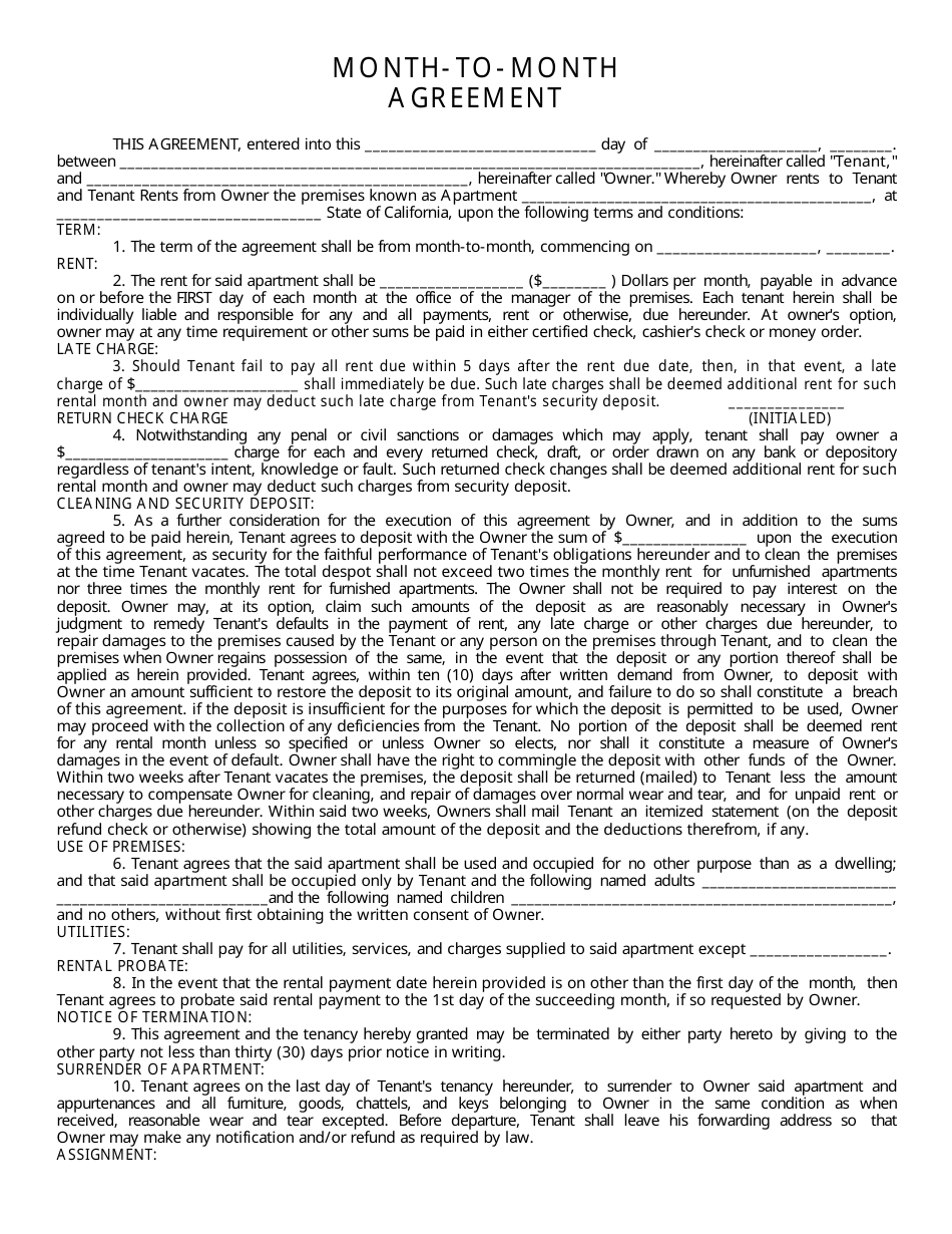 Month-To-Month Agreement Form - California, Page 1