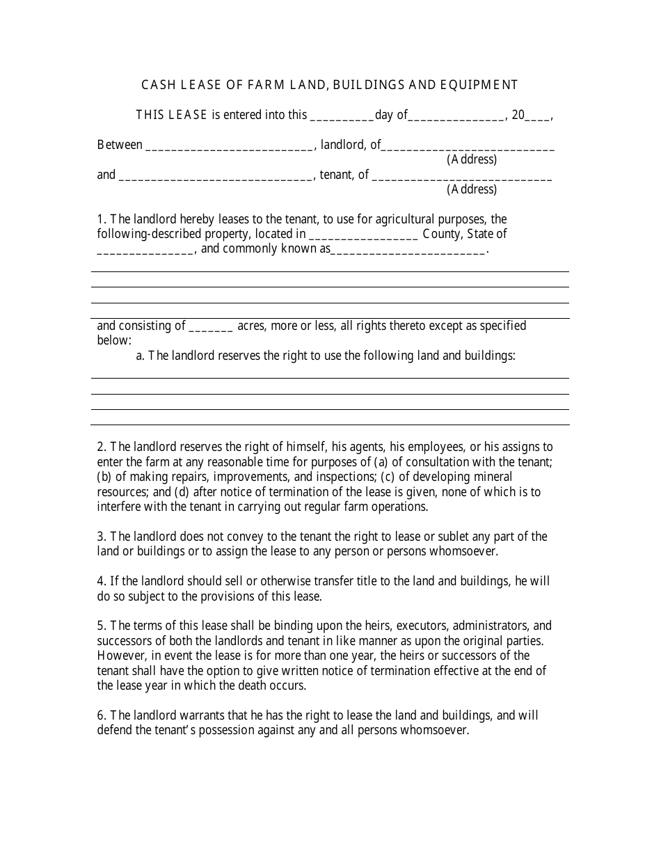 Farm Land, Buildings and Equipment Cash Lease Form, Page 1