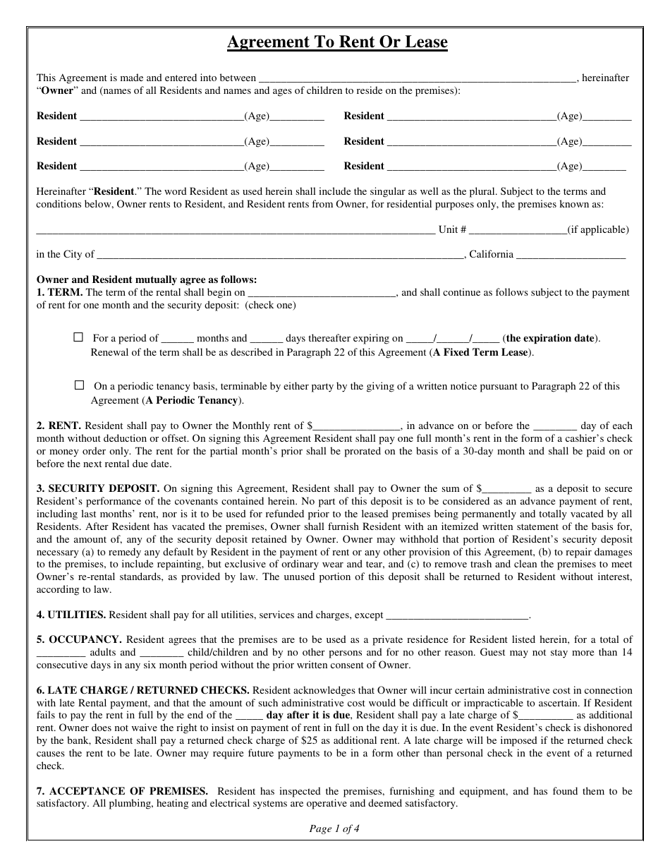California Agreement Template to Rent or Lease Fill Out Sign Online