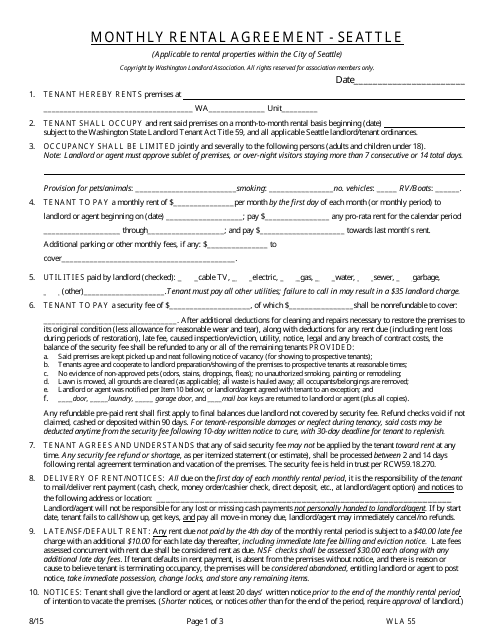 Monthly Rental Agreement Form - City of Seattle, Washington Download Pdf