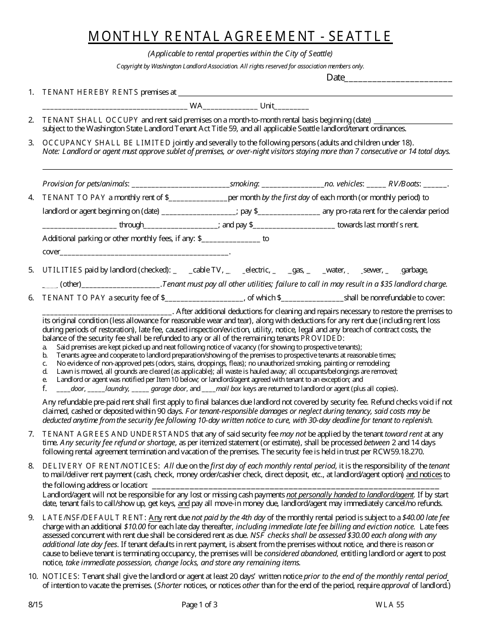 Monthly Rental Agreement Form - City of Seattle, Washington, Page 1