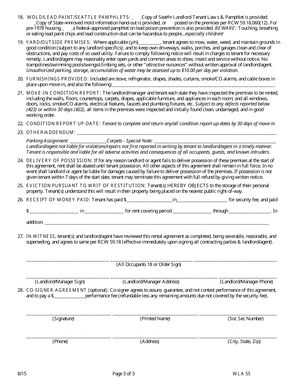 City of Seattle, Washington Monthly Rental Agreement Form - Fill Out ...