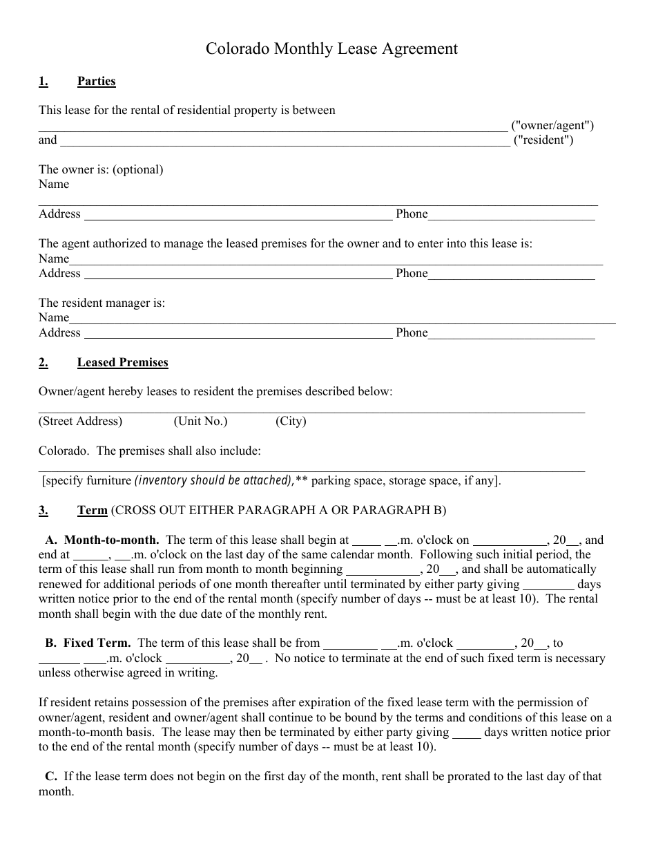 Monthly Lease Agreement Form - Colorado, Page 1
