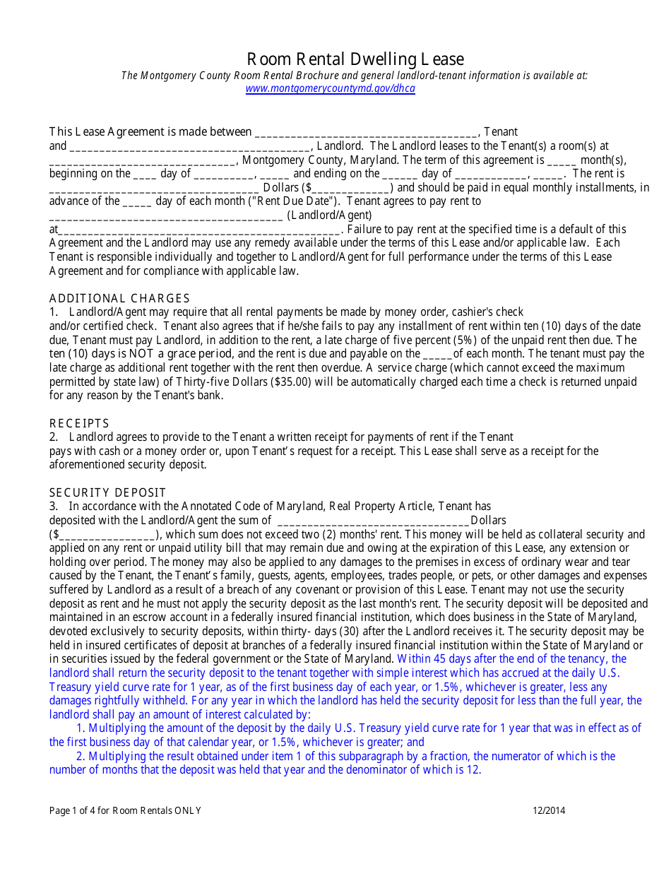 Room Rental Dwelling Lease Form - Montgomery County, Maryland, Page 1
