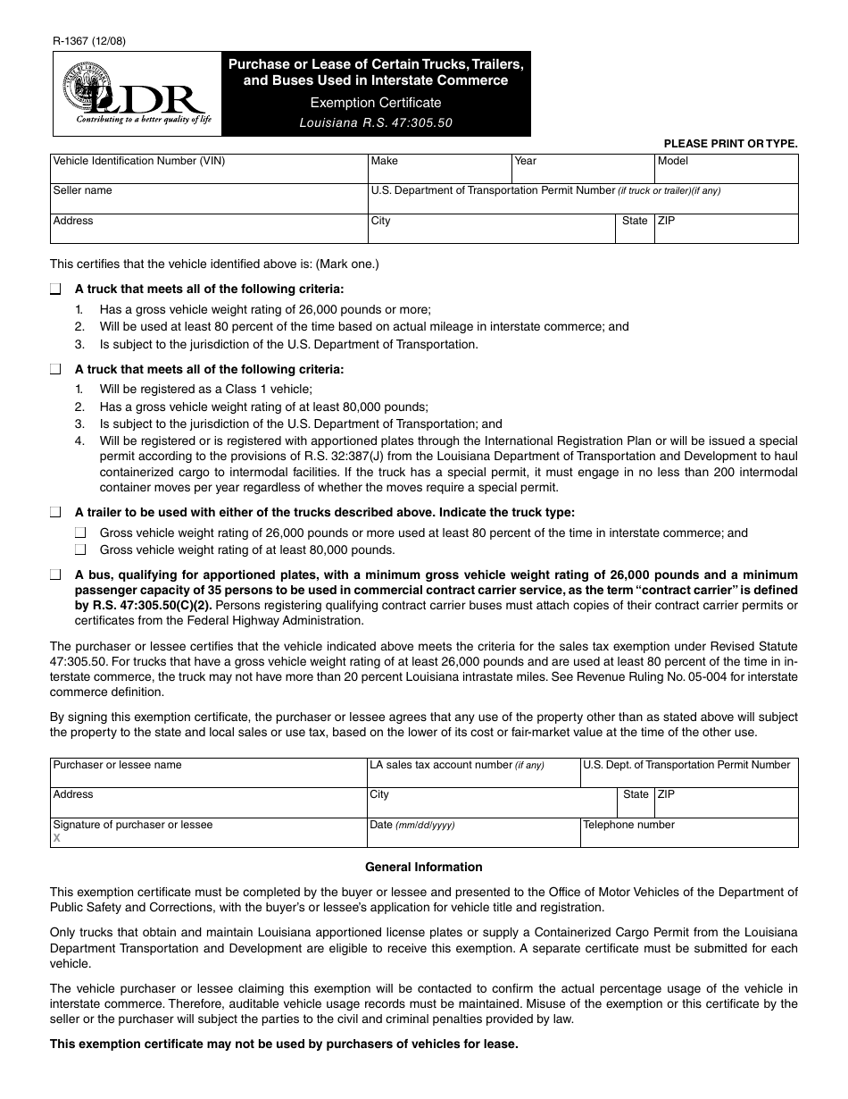 Form R-1367 Purchase or Lease of Certain Trucks, Trailers - Louisiana, Page 1