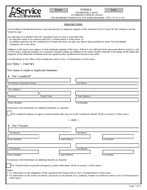 Form 6 Residential Lease (Standard Form of Lease) - New Brunswick, Canada