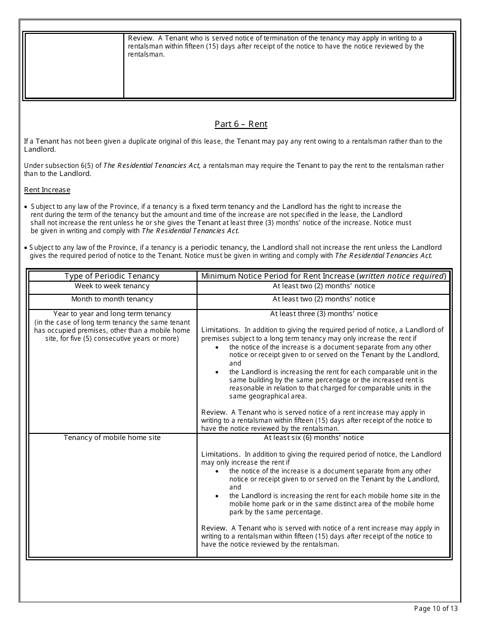 Form 6 Residential Lease (Standard Form of Lease) - New Brunswick, Canada, Page 10