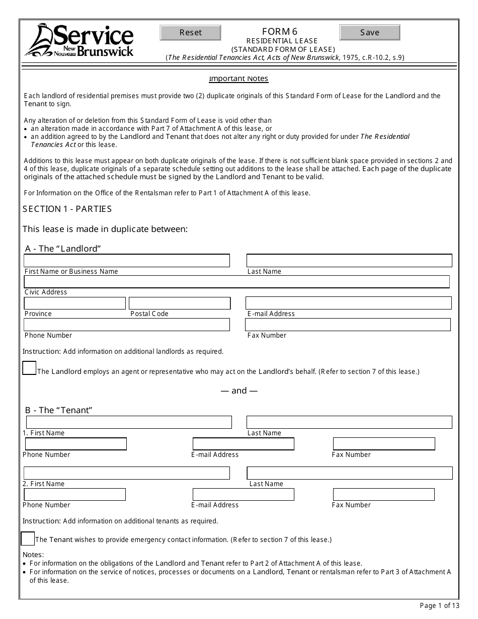 Form 6 Residential Lease (Standard Form of Lease) - New Brunswick, Canada, Page 1