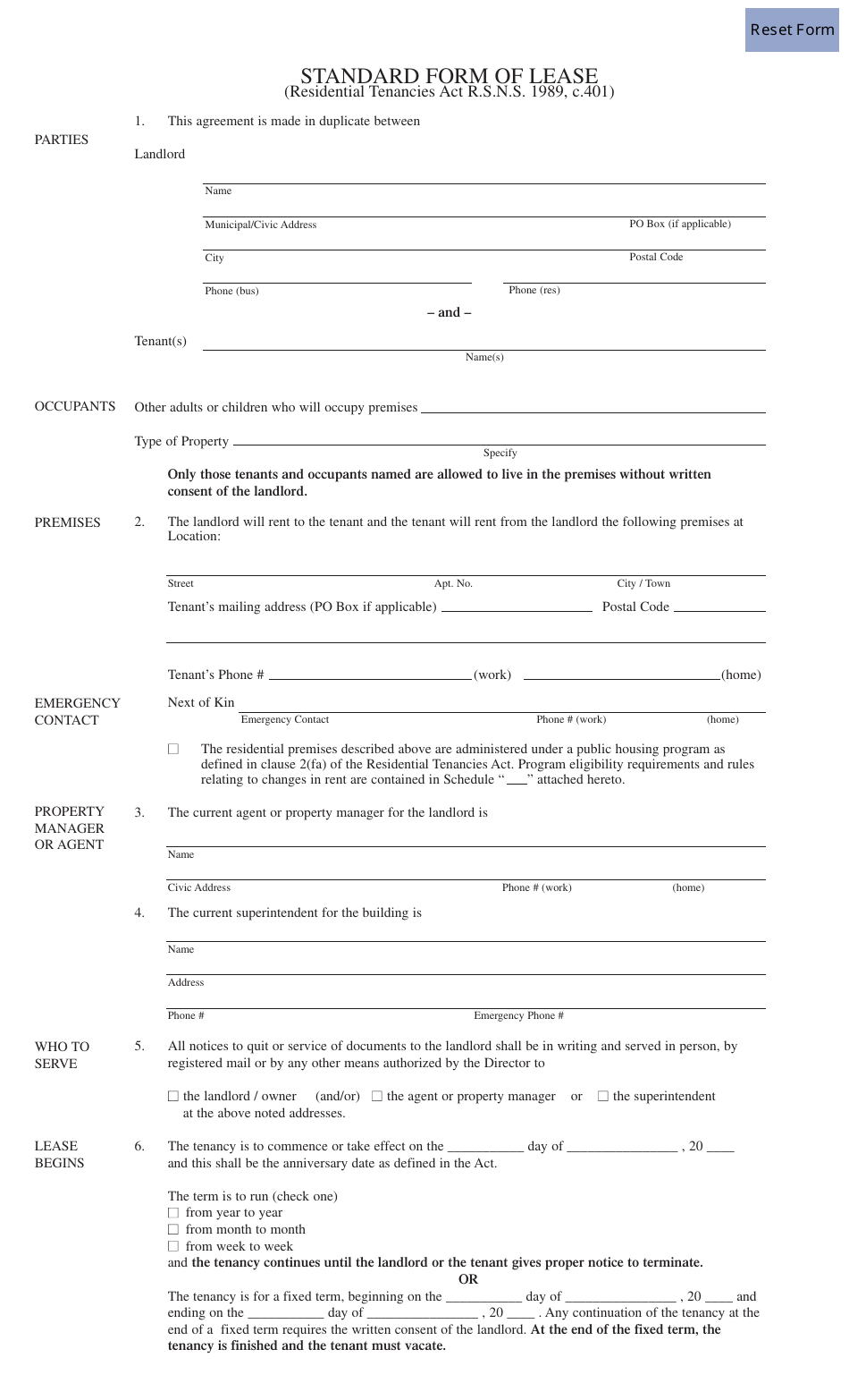 Standard Form of Lease, Page 1