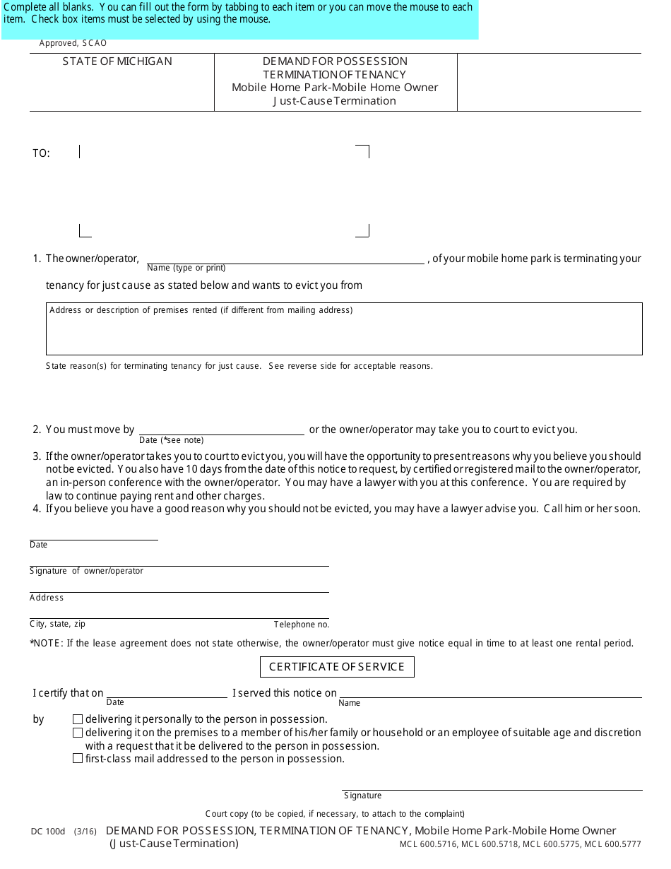 Form DC100D Demand for Possession Termination of Tenancy - Michigan, Page 1
