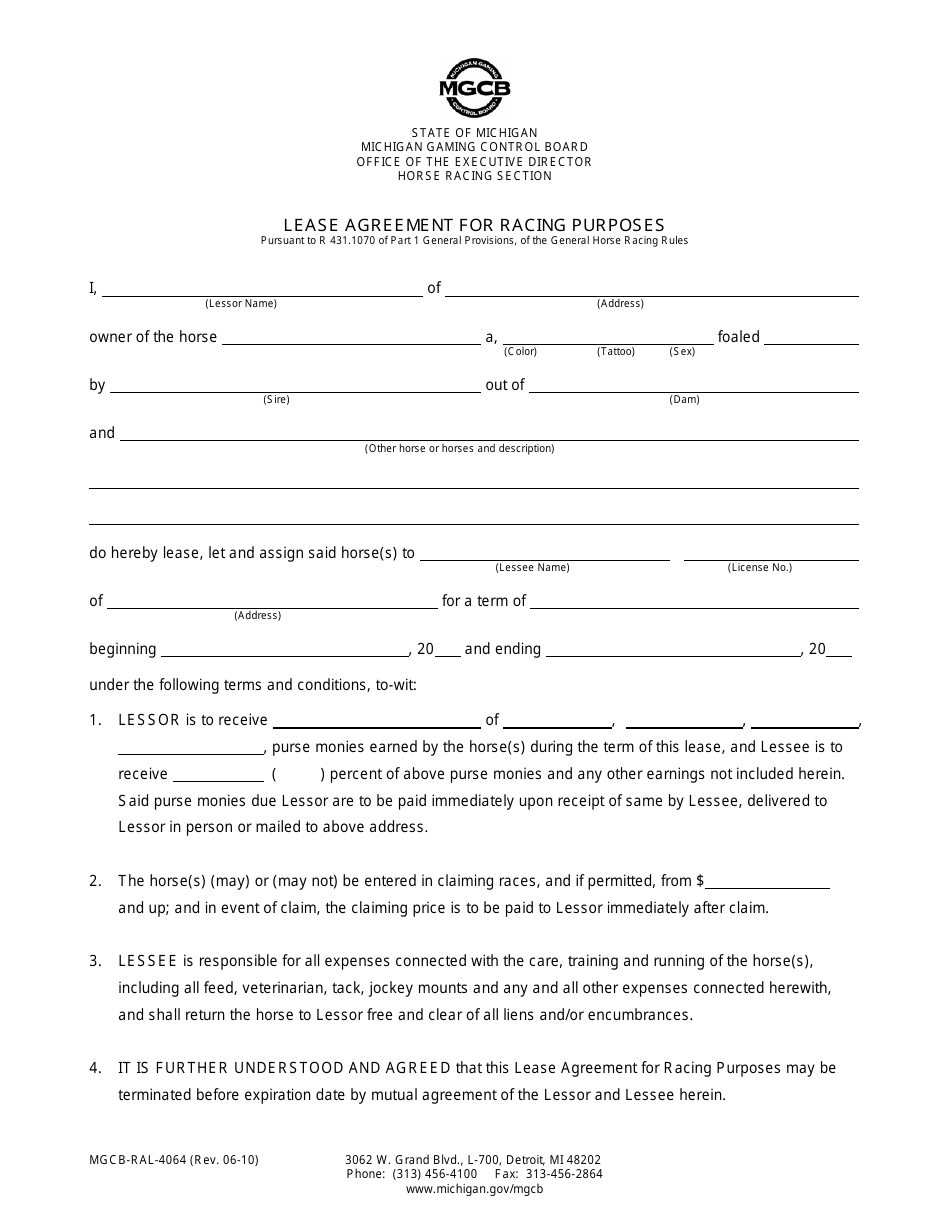 Form MGCB-RAL-4064 Lease Agreement for Racing Purposes - Michigan, Page 1