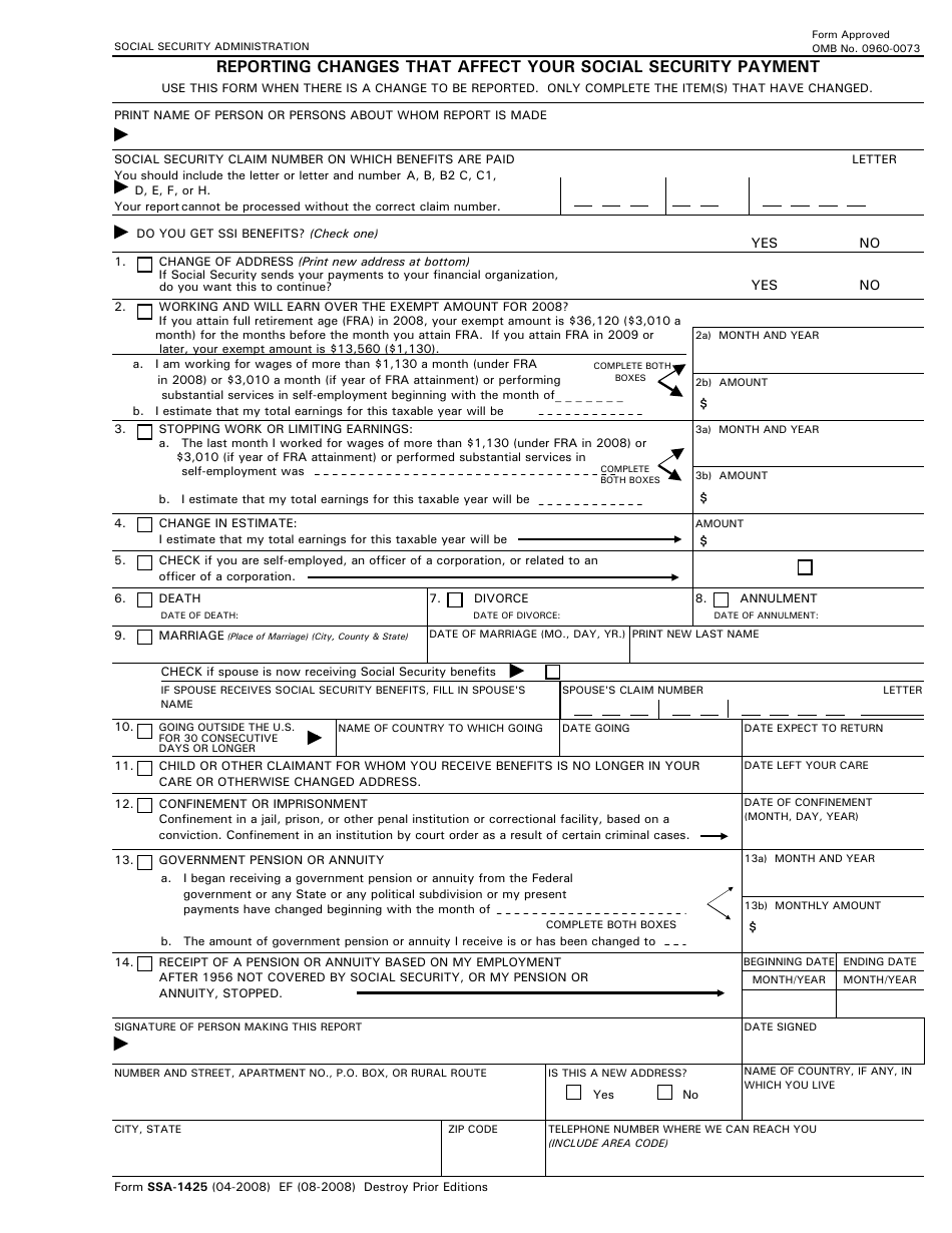 Form SSA-1425 Reporting Changes That Affect Your Social Security Payment, Page 1
