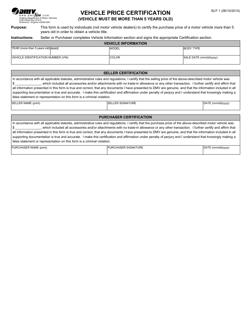 Vehicle Price Certification - Virginia, Page 1